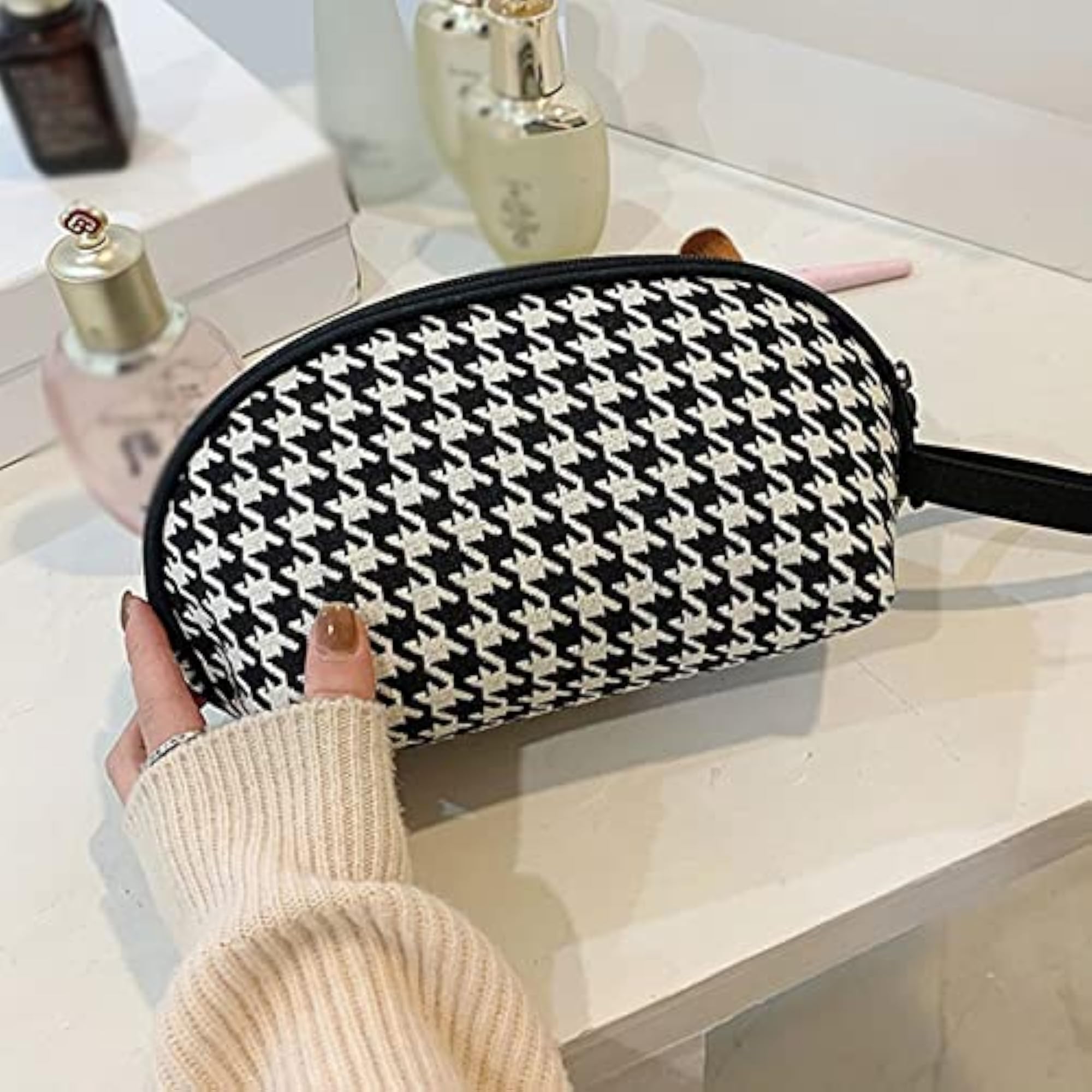 Classic Houndstooth Cosmetic Bag for Women, Small Storage